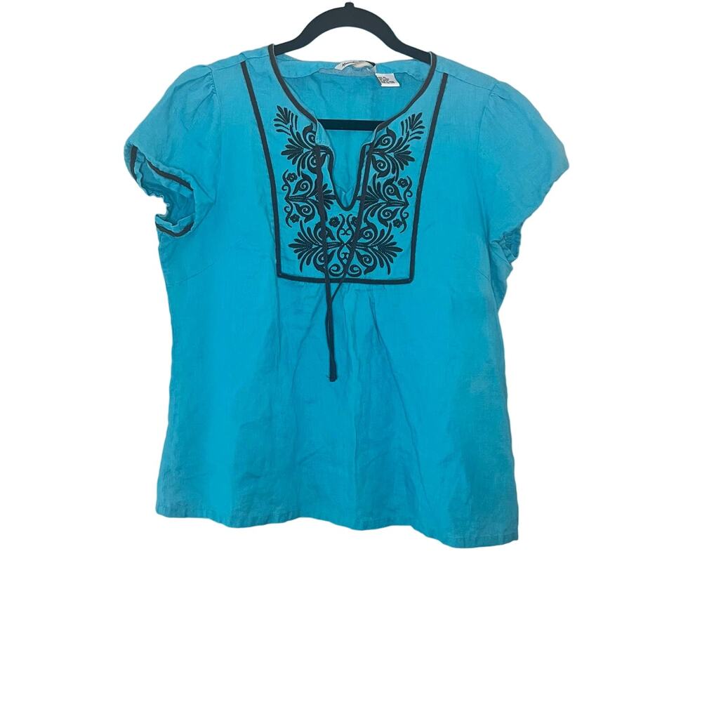 Alexandra Bartlett blue embroidered short sleeve 100% linen blouse XL